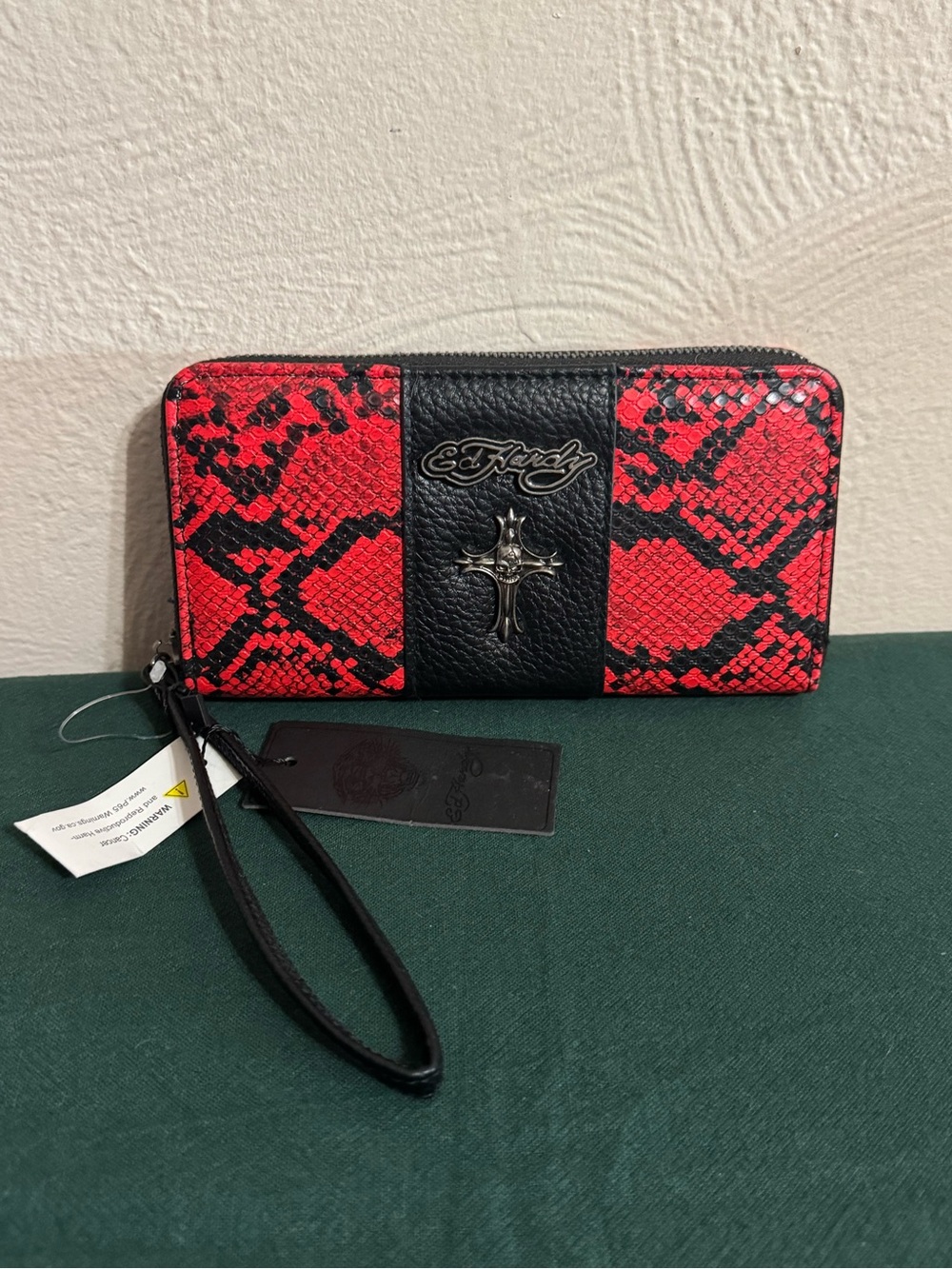 Ed Hardy Red & Black Snake-Print Zip Wristlet Wallet